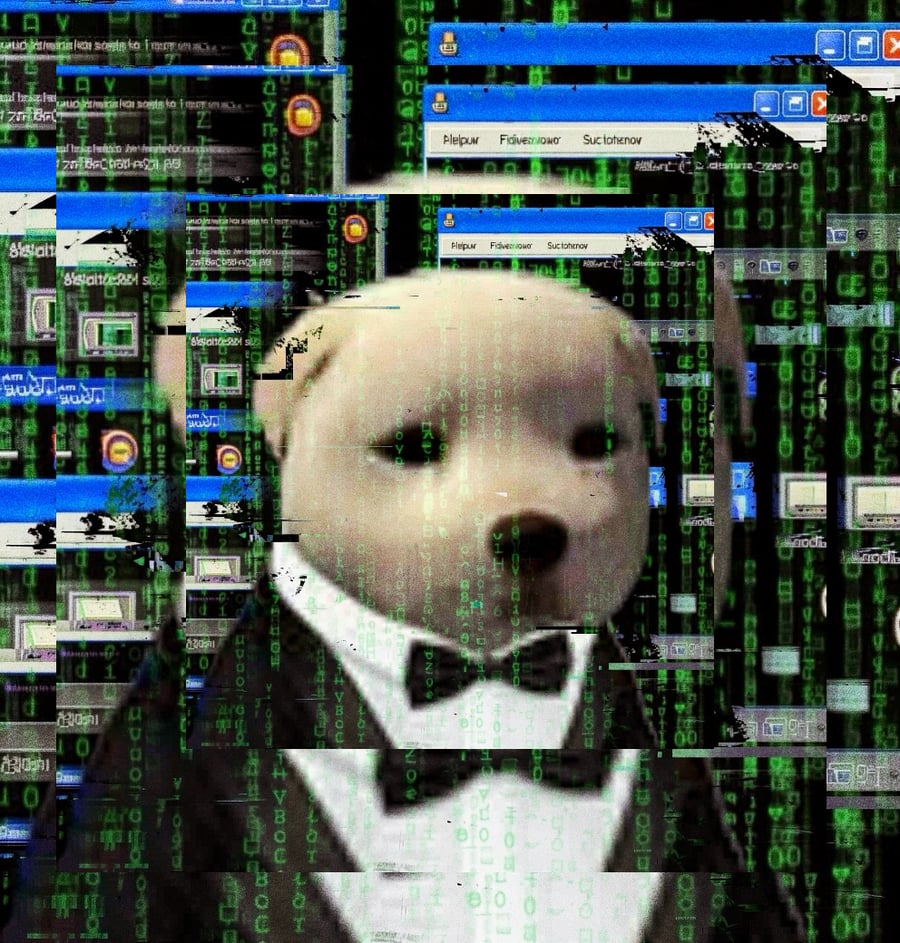 Tuxedo dog in glitch environment