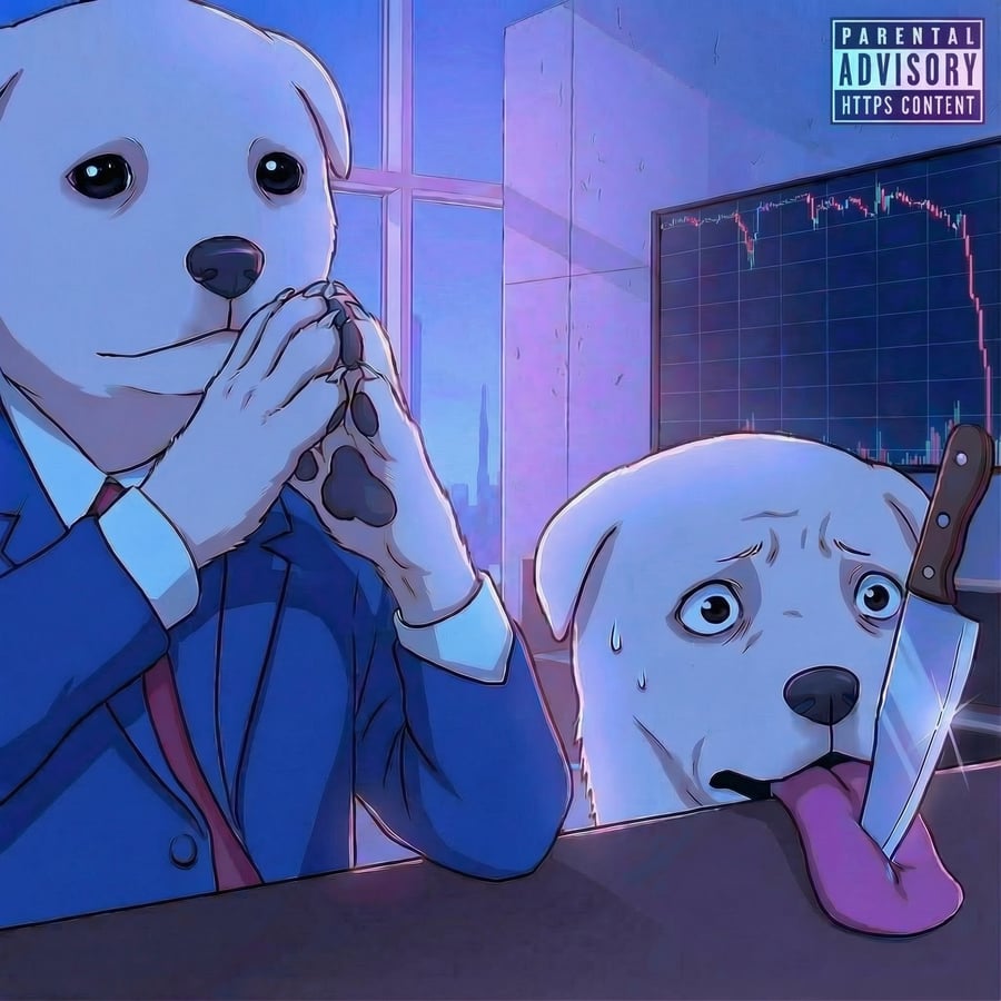 Dog businessman with market panic text