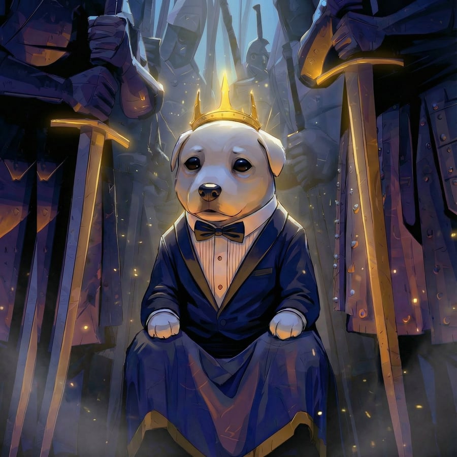 Crowned dog in a suit with gold glow